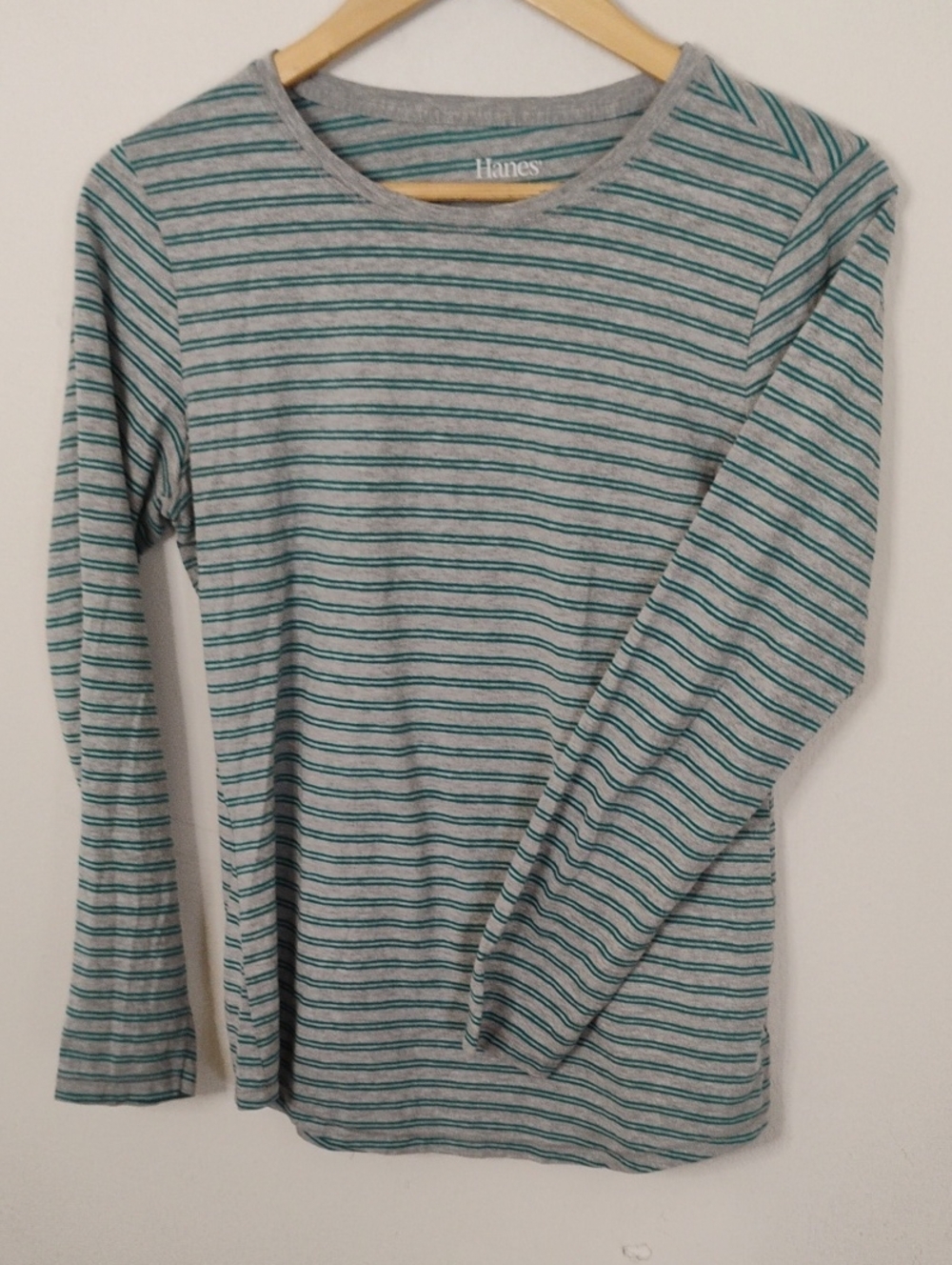 Hanes Gray Tee with Teal Narrow Stripes